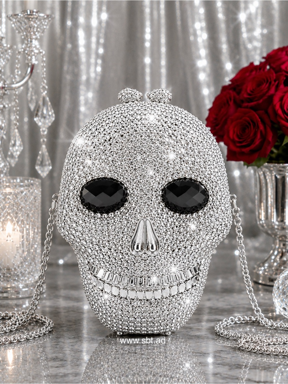 NWT Skull Clutch Purse Sparkling Bling Swarovski Crystal Rhinestone Black +Gift - Picture 4 of 15